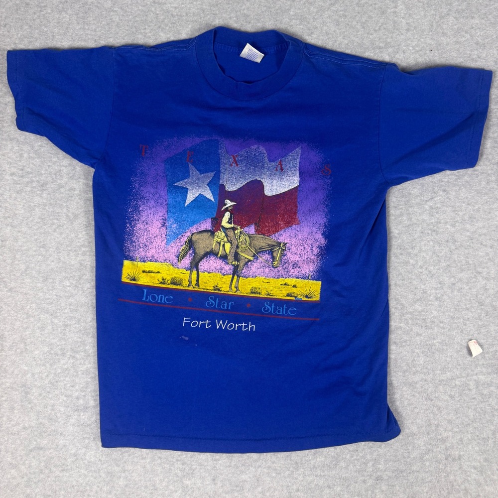 Sunshine Apparel Texas Fort Worth TShirt Mens Medium Blue Vintage 90s Cowboy Tee
